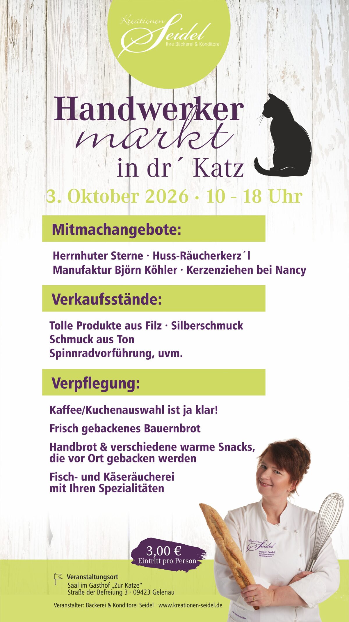 Plakat zum Handwerkermarkt im Gasthof Zur Katze in Gelenau am 3. Oktober 2026